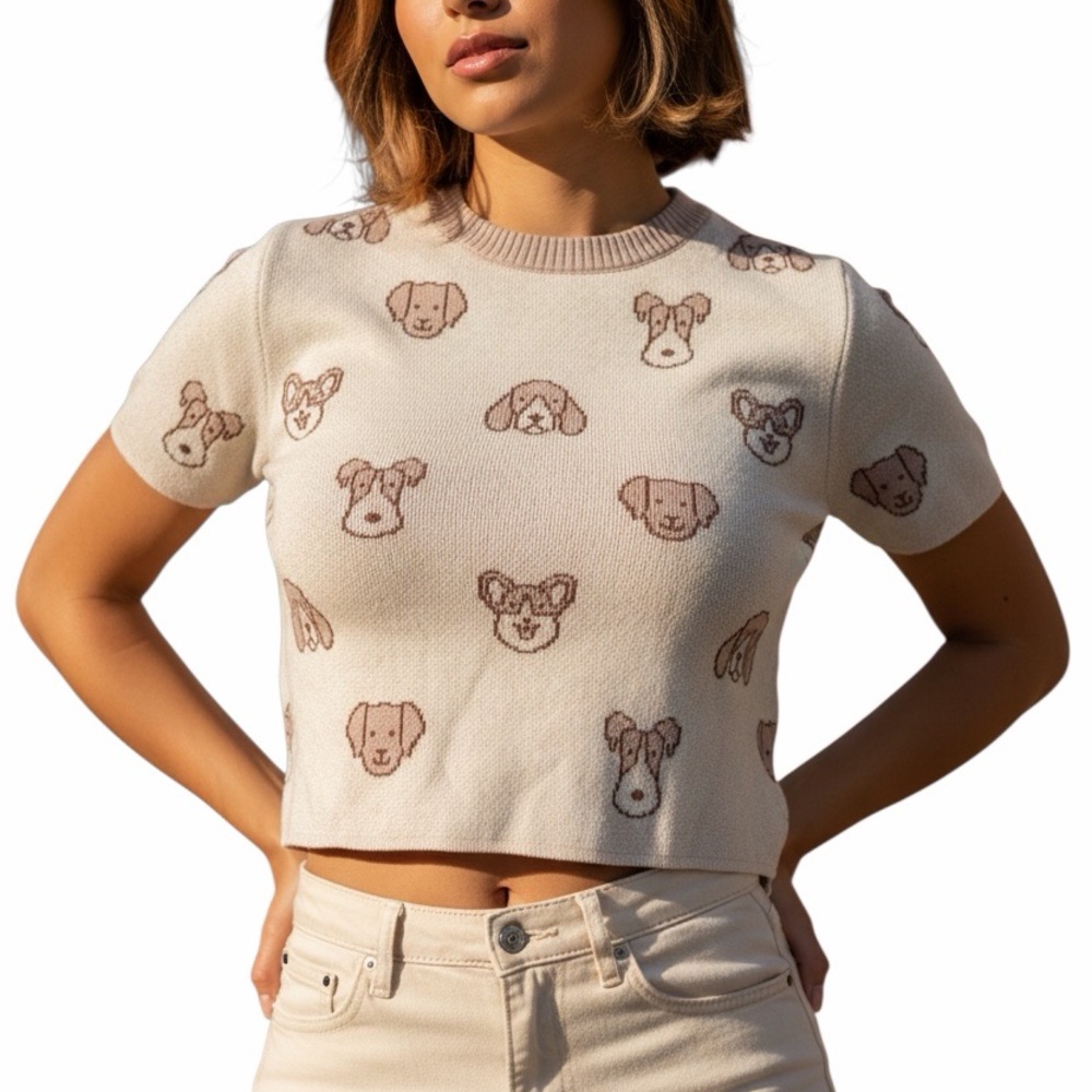 Debut Cute Dog Print Cream Cropped Sweater short sleeve size small